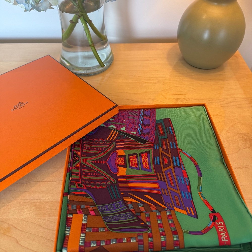 Hermes "Voyage en Etoffes" Silk Scarf 90cm - Green